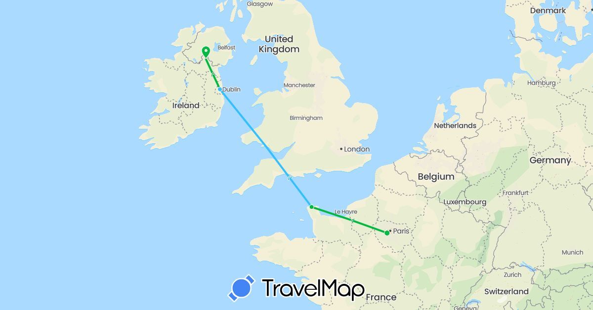 TravelMap itinerary: driving, bus, boat in France, Ireland (Europe)